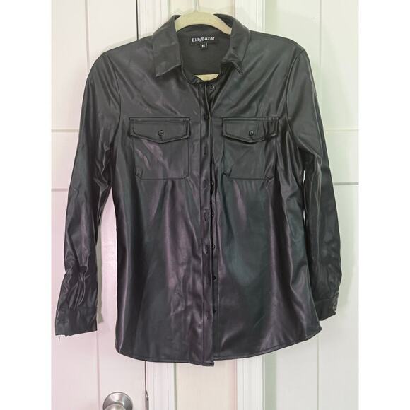 Reilly Bazar Tops - Eilly Bazar Black Pleather Long Sleeve Shirt - Women's XS